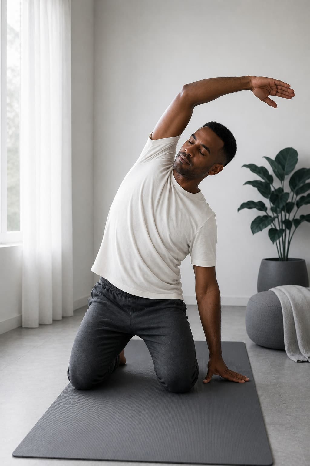 A man stretching calmly on a mat beside a sunlit window