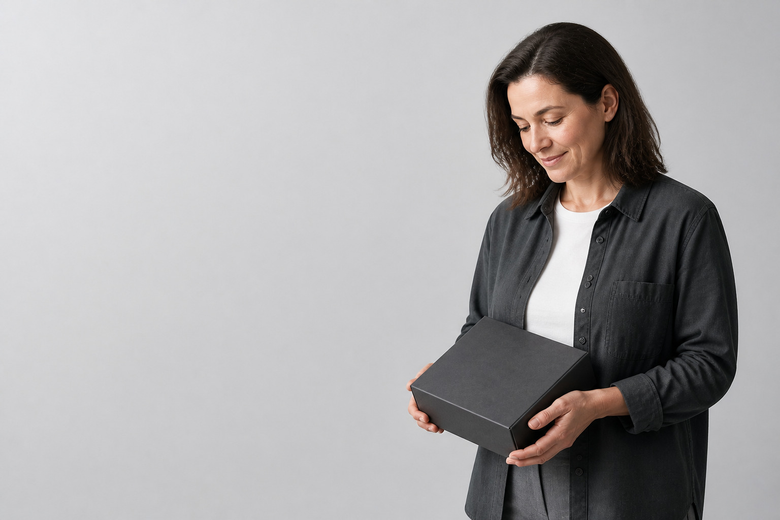 A woman holding a plain shipping box, looking down at it with a calm smile