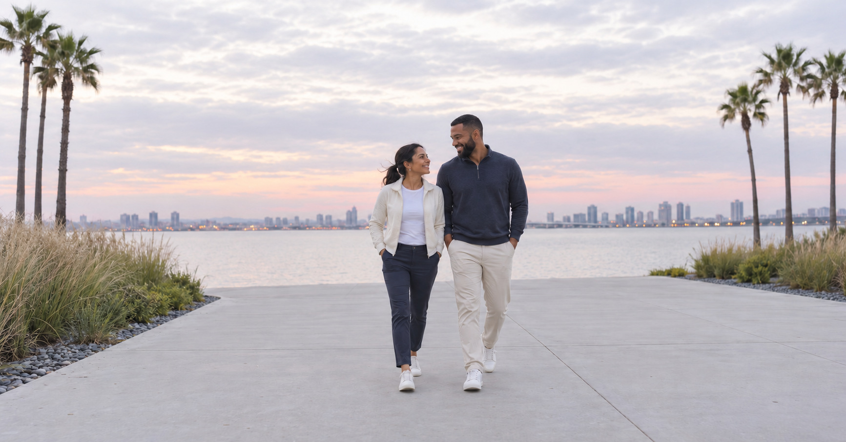 Two people walking together along a waterfront path at dusk, talking and smiling.
