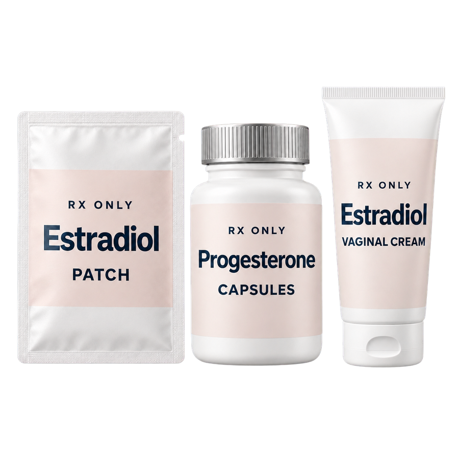 Estradiol Patch + Progesterone + Estradiol Vaginal Cream packaging